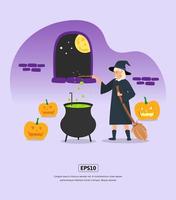 Flat illustration, Halloween with Witch cultivate potions for design web, app, infographic, print, etc vector