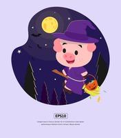 Flat illustration, Halloween with Witch flying broom, for design web, app, infographic, print, etc vector