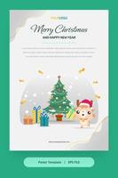 Ilustración plana, plantilla de póster con renos, árbol de navidad y regalos. vector