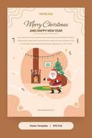 ilustración plana, plantilla de póster con santa claus, árbol de navidad y regalos
