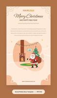 ilustración plana, plantilla de historia con santa claus, árbol de navidad y regalos vector