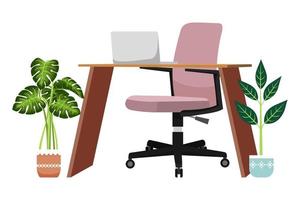 Cute modern desk with table and modern chair laptop computer plants for home office vector