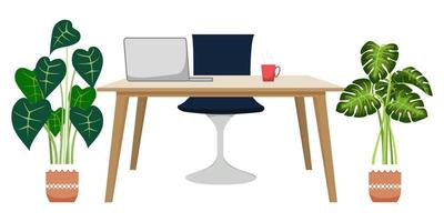 Desk with modern wooden chair and table with beautiful design with 3d view with pc laptop computer coffee cup with house plants vector