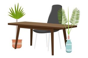 Desk with modern beautiful wooden chair and table with beautiful design with 3d view isolated with house plants vector