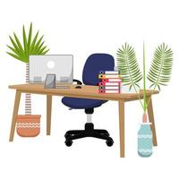 Desk with modern wooden chair and table with beautiful design with 3d view with some paper pile file folders pc computer with house plants vector