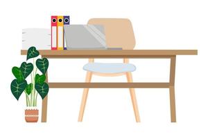 Flat modern desk for home office freelancer with wooden chair table and pc laptop computer with some paper pile file folder house plants vector