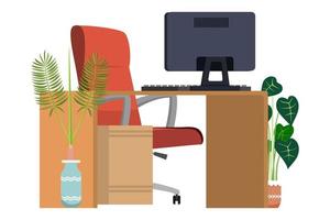 escritorio vacío moderno para freelance de oficina en casa con cajón de mesa de silla y con computadora pc y con plantas de interior vector