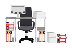 moderno lindo escritorio hermoso con silla mesa computadora pc con una carpeta de archivos de pila de papel vector