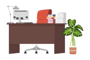 Modern beautiful desk for home office freelancer with table chair table lamp and with drawer pc computer and house plants with some paper pile files and folders vector