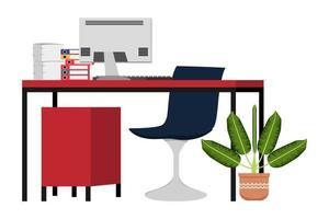 Beautiful modern home office freelancer desk with chair table and pc computer and with some paper pile folders and house plant vector