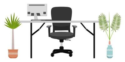 Modern desk for freelancer home office with chair table pc computer house plants vector