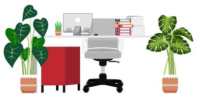 escritorio moderno para la oficina en el hogar autónomo con silla moderna y mesa con computadora pc algunas carpetas de pila de papel con planta de la casa vector