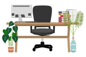 escritorio moderno plano para la oficina en el hogar freelance con silla mesa computadora pc con un poco de papel pila carpeta de archivos plantas de la casa vector