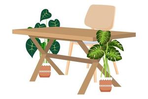 Desk with modern wooden chair and table with beautiful design with 3d view with house plants vector