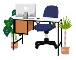 escritorio vacío moderno para freelance de oficina en casa con mesa de silla y con computadora pc y con plantas de la casa vista 3d aislada vector