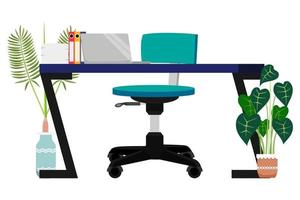 Desk with modern chair table cabinet drawer with pc laptop computer house plants vector