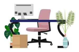 Desk with modern chair table cabinet drawer with pc computer house plants vector