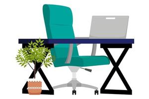 Modern Office home freelance desk with modern table chair and with pc laptop computer house plant vector