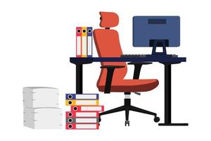 Cute modern desk with table and modern chair pc computer paper pile file folder for home office vector