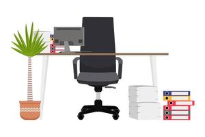 Modern desk for freelancer home office with modern chair and table with pc laptop computer some paper pile folders with house plant vector