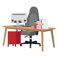 escritorio con silla de madera moderna y mesa con hermoso diseño con vista 3d con algunas carpetas de archivos de pila de papel computadora pc con cajón de gabinete vector