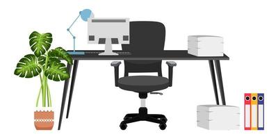 Desk with modern adjustable office chair and table with beautiful design with house plants and with some paper pile file folders table lamp pc computer vector