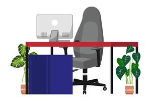 Escritorio independiente de oficina moderna para el hogar con mesa moderna, silla, gabinete, cajón, computadora, computadora y plantas de interior vector