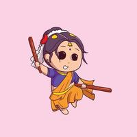 Cute female Indian People dancing dancing with stick flat cartoon style Premium Vector