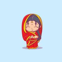 Cute female Indian people using traditional dress flat cartoon style Premium Vector