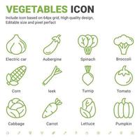 Vegetables icons set with outline style isolated on white background. Vector graphic illustration vegetable, celery, onion, cabbage, pumpkin, tomato, broccoli, corn, onion sign symbol concept for food