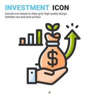 Investment icon vector with outline color style isolated on white background. Vector illustration money bag sign symbol icon concept for business, finance, industry, company, apps, web and all project