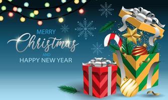 Merry Christmas and Happy New Year Gift box on blue with text design for holiday festival celebration vector background