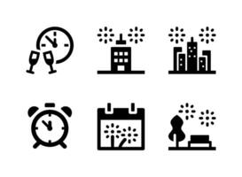 conjunto simple de iconos sólidos vectoriales relacionados con la fiesta de fin de año. contiene iconos como reloj, fuegos artificiales, edificio y más. vector