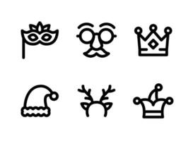 simple conjunto de iconos de línea de vectores relacionados con la fiesta. contiene iconos como máscara de fiesta, máscara de disfraz, corona y más.