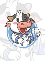 Lindo personaje de dibujos animados de vaca chef sosteniendo leche envasada - mascota e ilustración vector