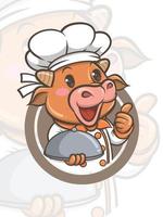 Lindo personaje de dibujos animados de vaca chef - mascota e ilustración vector