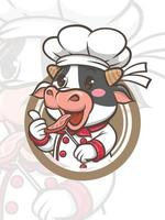 Lindo personaje de dibujos animados de vaca chef sosteniendo bistec a la parrilla - mascota e ilustración vector