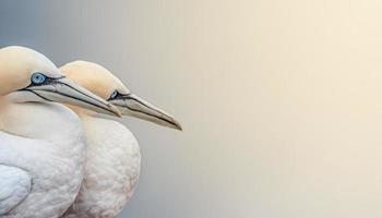Banner with two parents, wild North Atlantic gannets at smooth gradient background and direct light, and copy space photo