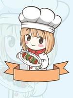 Linda chica de chef de barbacoa sosteniendo una carne a la parrilla - personaje de dibujos animados e ilustración de logotipo vector