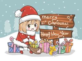 cute Santa girl Christmas greeting illustration vector