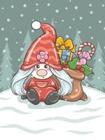 cute gnome girl illustration with Christmas gift bag