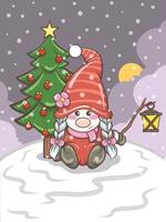 cute gnome girl holding a lantern Christmas illustration