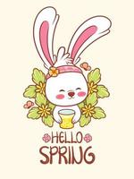 cute bunny with a flower spring. cartoon character illustration hello spring greeting vector