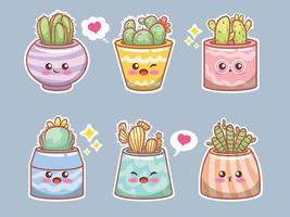 conjunto de dibujos animados de cactus y plantas suculentas lindas. concepto de etiqueta. vector