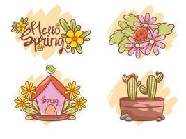 Bonito personaje de dibujos animados de elemento de primavera y tarjeta de ilustración. hola concepto de primavera. vector