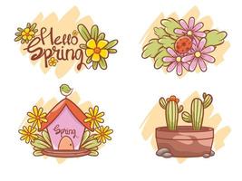 pretty spring element cartoon character and illustration card. hello spring concept. vector