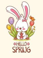 cute bunny with a flower spring. cartoon character illustration hello spring greeting vector