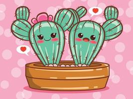 Lindo personaje de dibujos animados de pareja de cactus e ilustración.