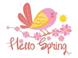 Cute bird with flowers and leaf. hello spring card illustration vector