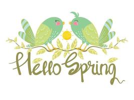 Cute bird with flowers and leaf. hello spring card illustration vector